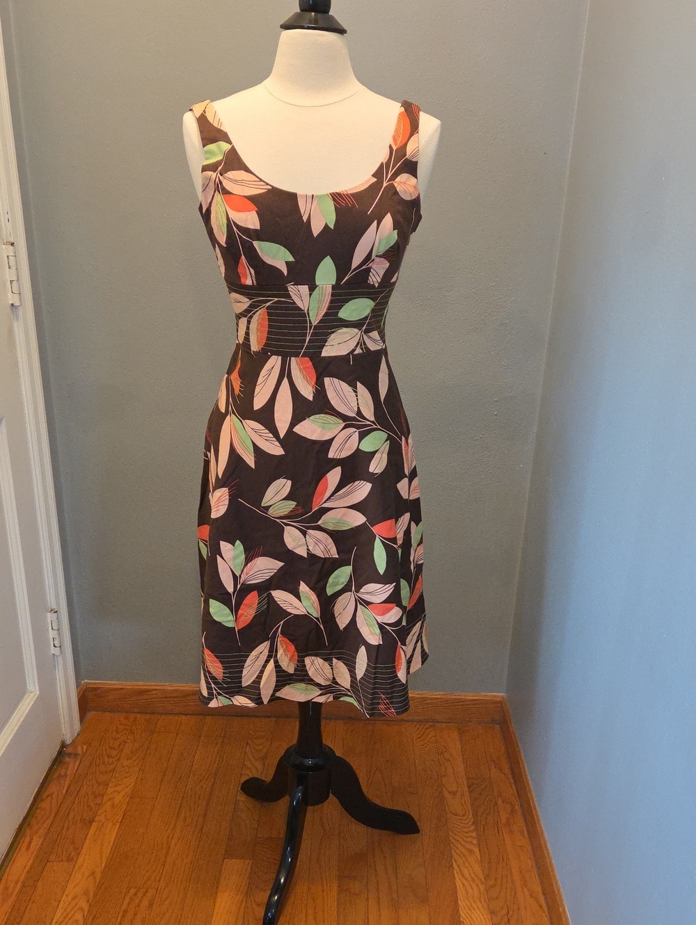 dressbarn Brown Leaf-Print Sleeveless Fit-and-Flare Dress